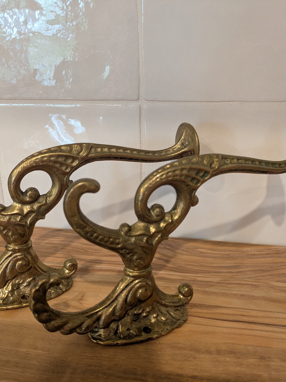 Brass-Finish Ornate Wall Hook Pair - Gold Decorative Hooks